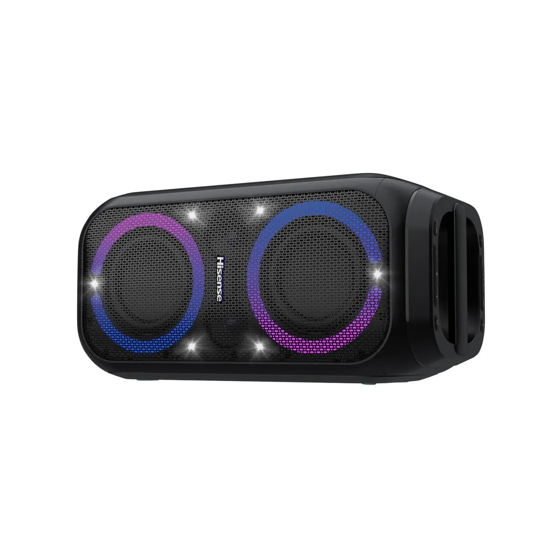 Horizontal view of Hisense Party Rocket 160 Bluetooth speaker showing dual LED speakers