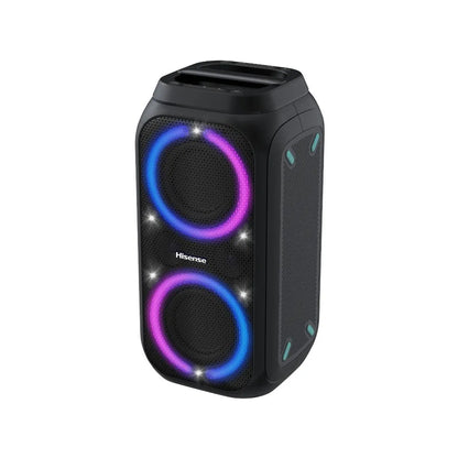 Angled view of Hisense Party Rocket 160 party speaker with illuminated LED lighting