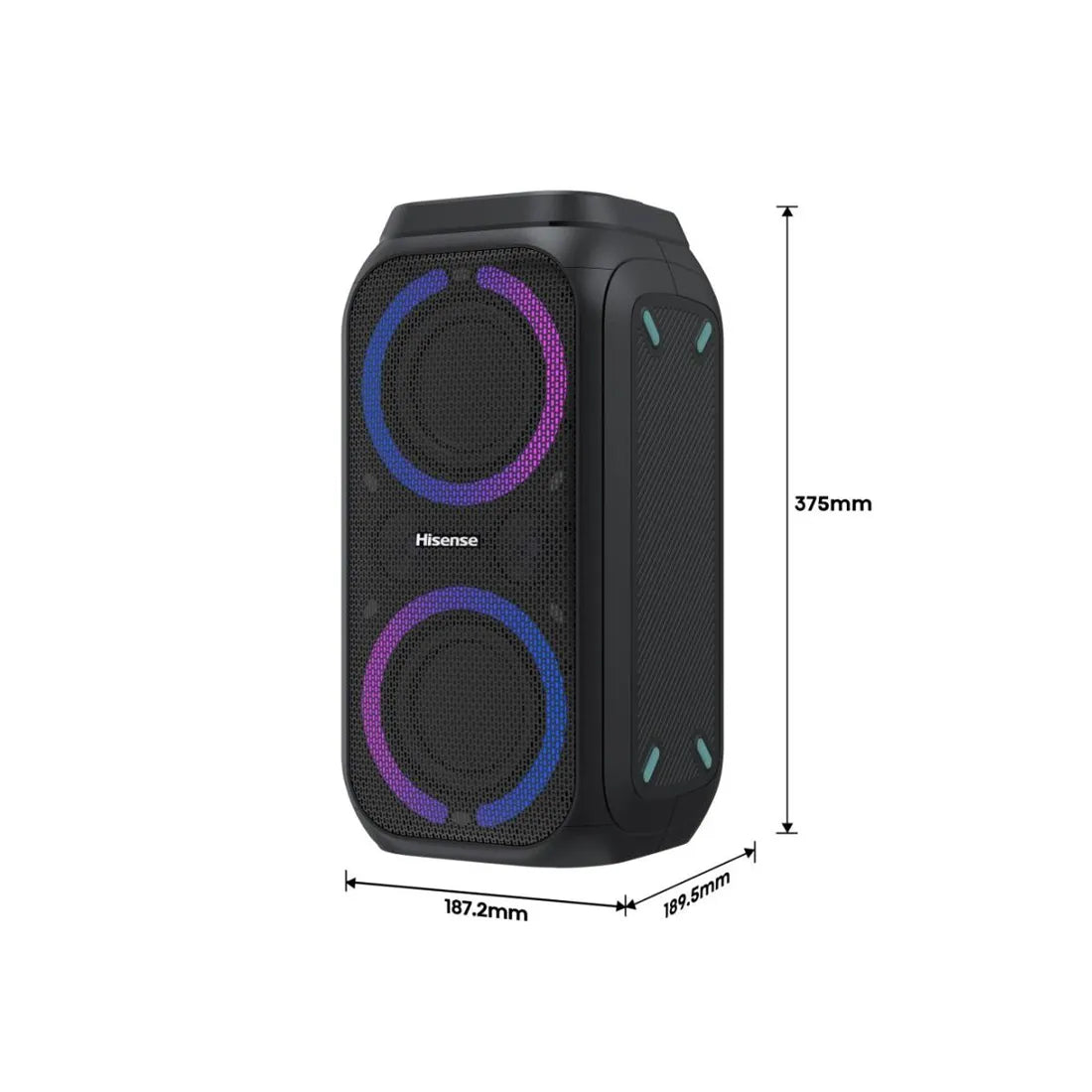Hisense Party Rocket 160 Bluetooth speaker dimensions showing height and width measurements