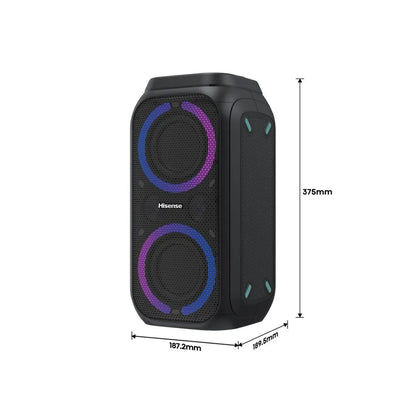 Hisense Party Rocket 160 Bluetooth speaker dimensions showing height and width measurements