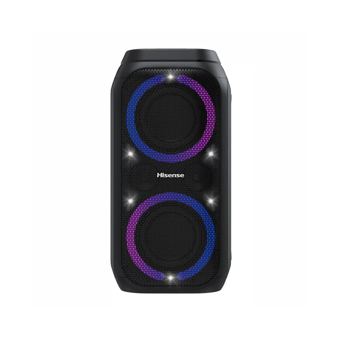 Front view of Hisense Party Rocket 160 speaker with dual LED light rings