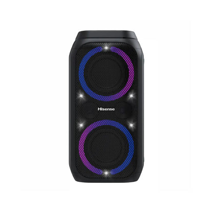 Front view of Hisense Party Rocket 160 speaker with dual LED light rings