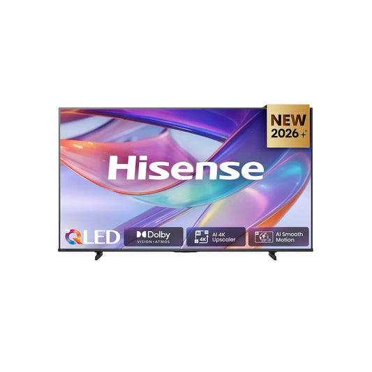 Hisense Hi-QLED 4K Smart TV 2026 model featuring Dolby Vision Atmos, AI 4K Upscaler and AI Smooth Motion technology.