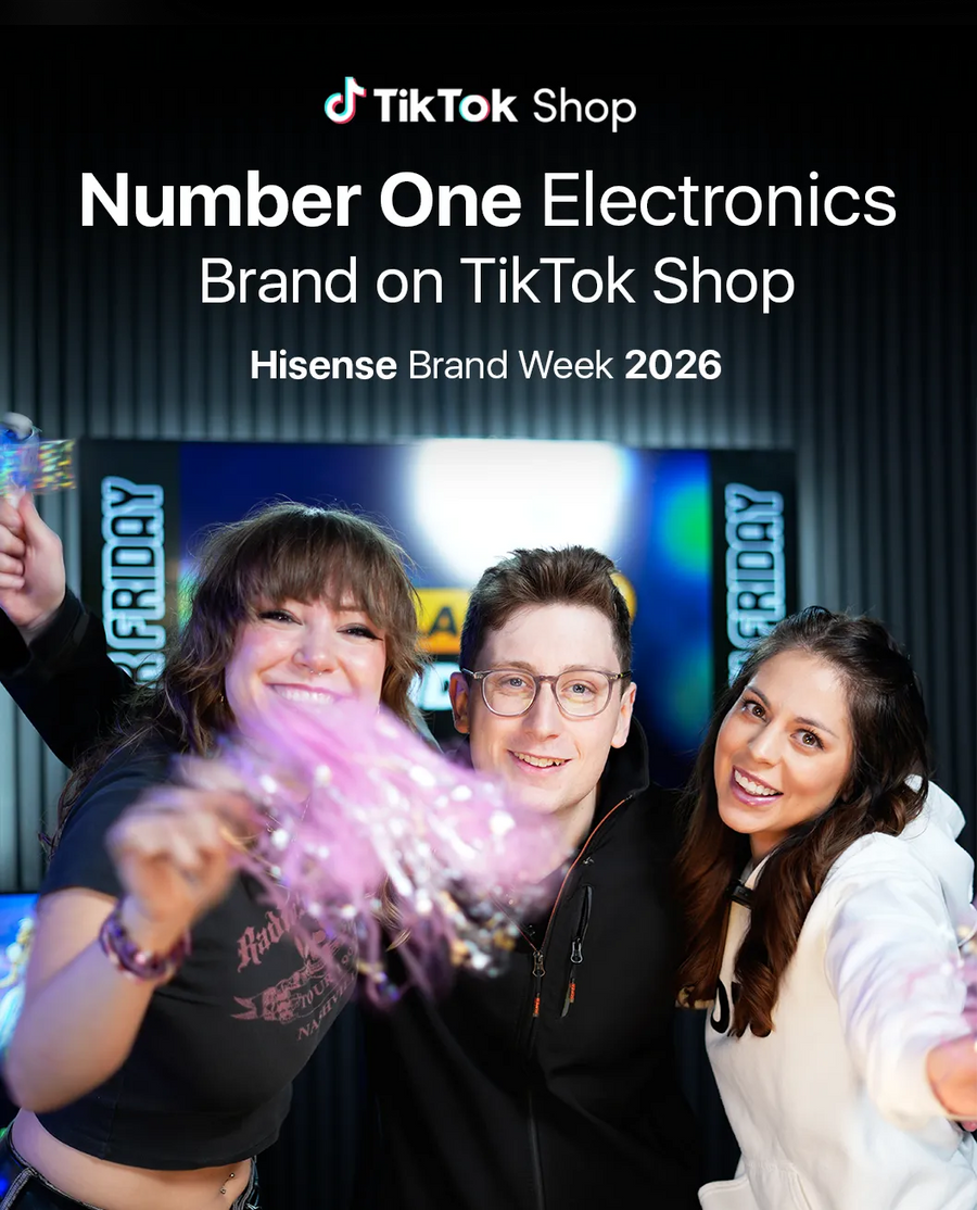 Hisense Brand Week 2026 celebration on TikTok Shop, featuring three presenters celebrating the Number One Electronics Brand achievement.