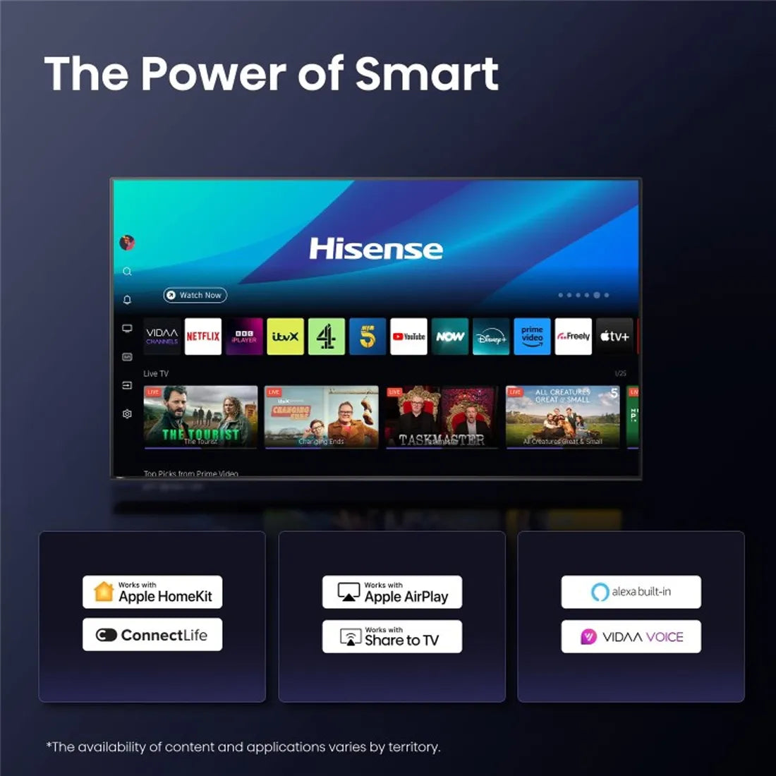 Hisense VIDAA Smart TV home screen with streaming apps including Netflix, YouTube and Freely.