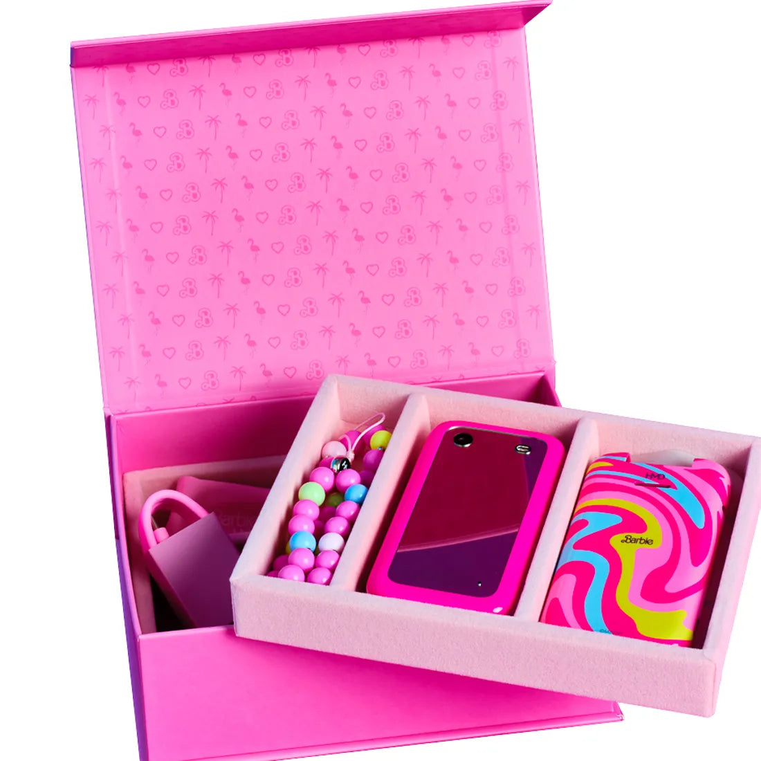 HMD Barbie Flip Phone gift box showing accessories and packaging