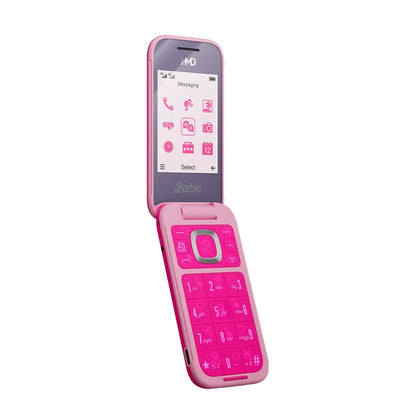 Front view of HMD Barbie Flip Phone open showing keypad and screen