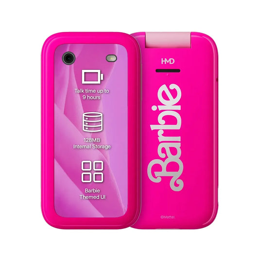 HMD Barbie Flip Phone in pink showing front screen and back design