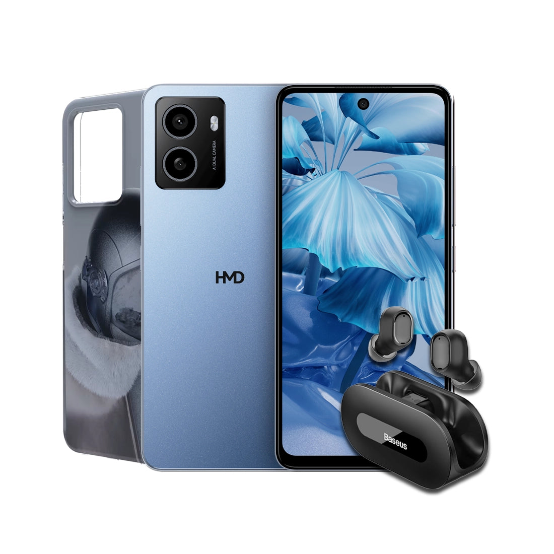 HMD Pulse 4G bundle showing phone with Icon case and Baseus EZ10 wireless earbuds