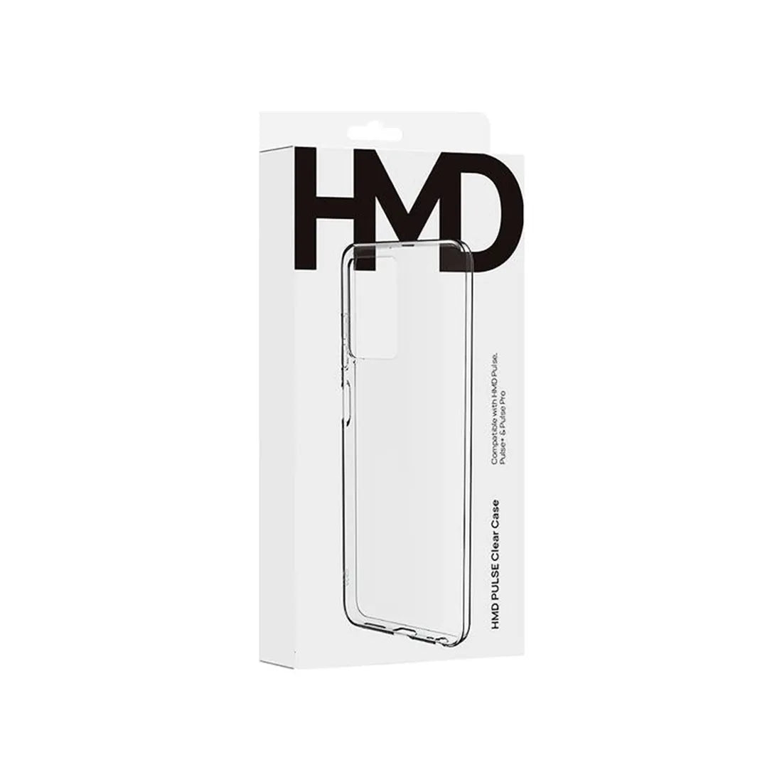 Retail packaging for clear protective slim fit phone case compatible with HMD Pulse