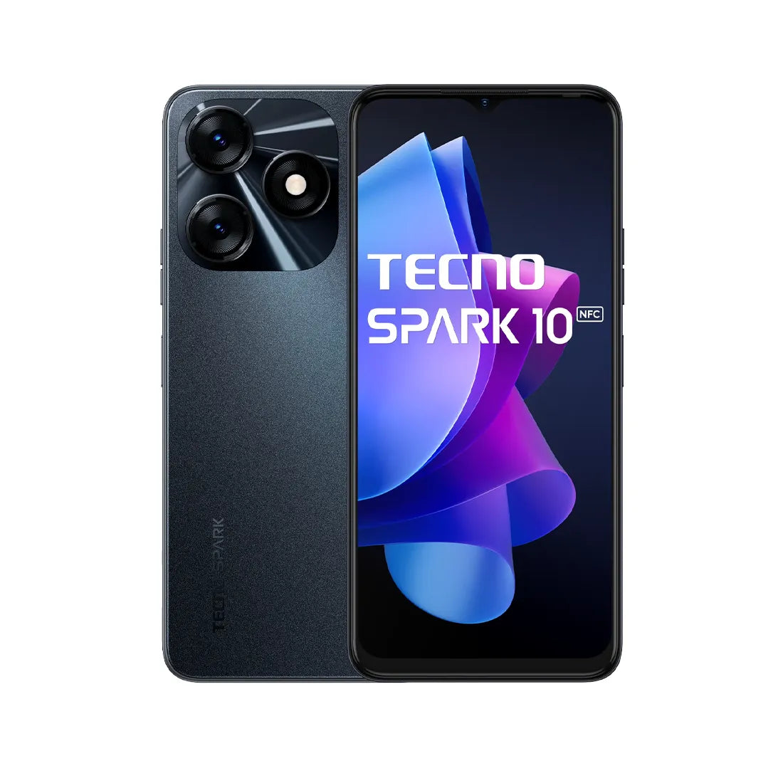 Tecno Spark 10 NFC smartphone showing front display and black rear design