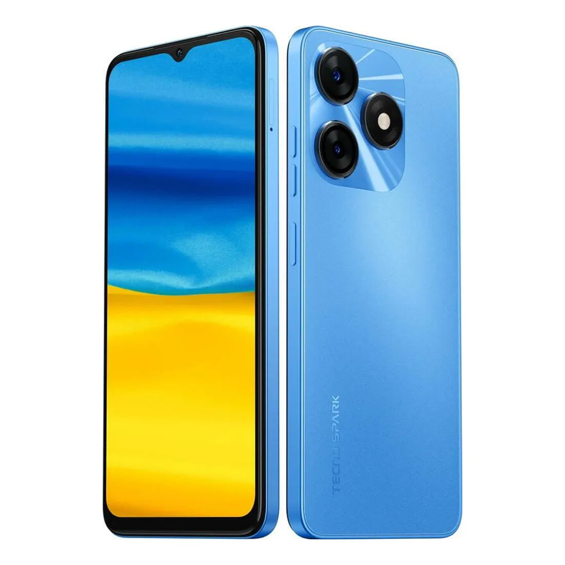 Tecno Spark 10 NFC smartphone angled front and back view in blue colour