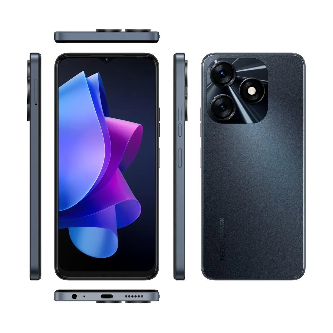 Tecno Spark 10 NFC smartphone layout showing ports and side profile in black