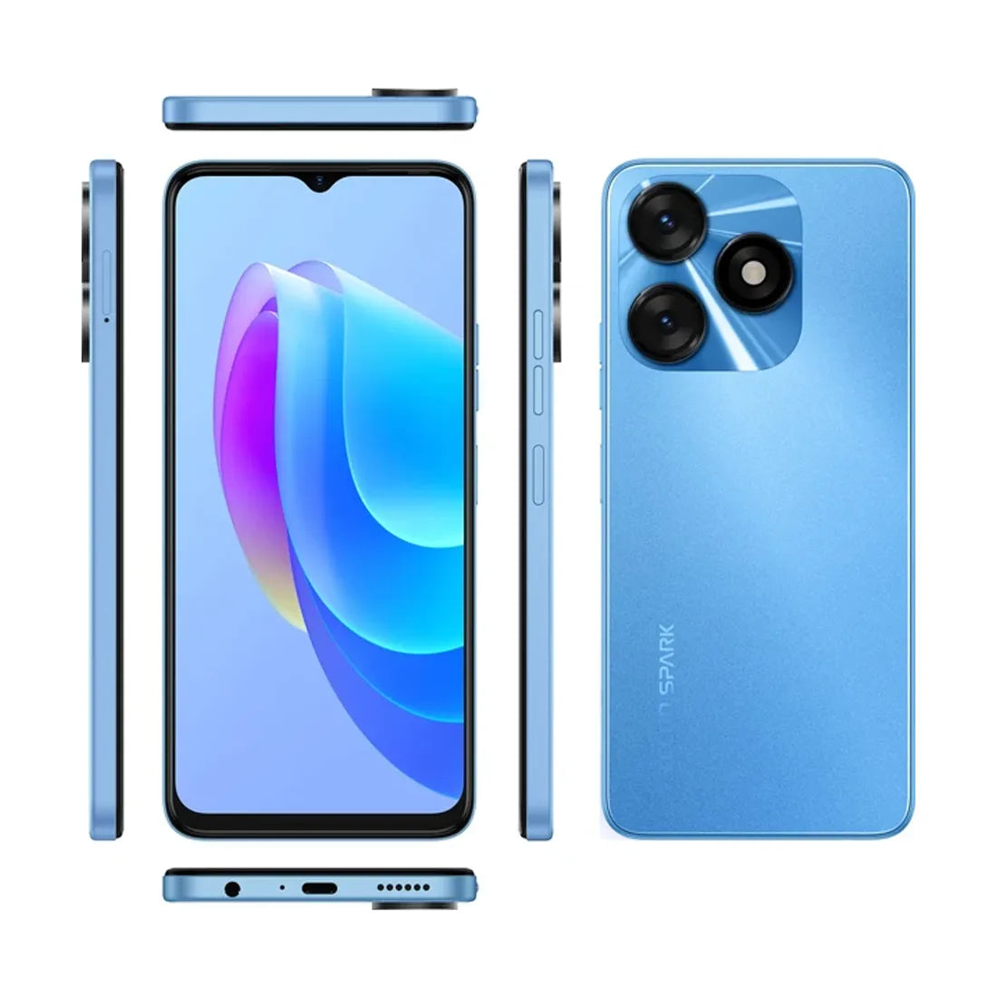 Tecno Spark 10 NFC smartphone layout showing ports, buttons and side profile in blue