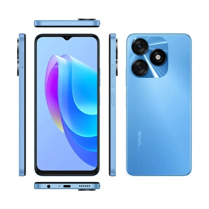 Tecno Spark 10 NFC smartphone layout showing ports, buttons and side profile in blue