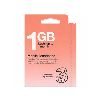 Three mobile broadband SIM card pack showing 1GB data allowance