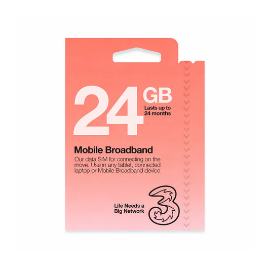 Three Mobile Broadband SIM card pack showing 24GB data pay as you go packaging