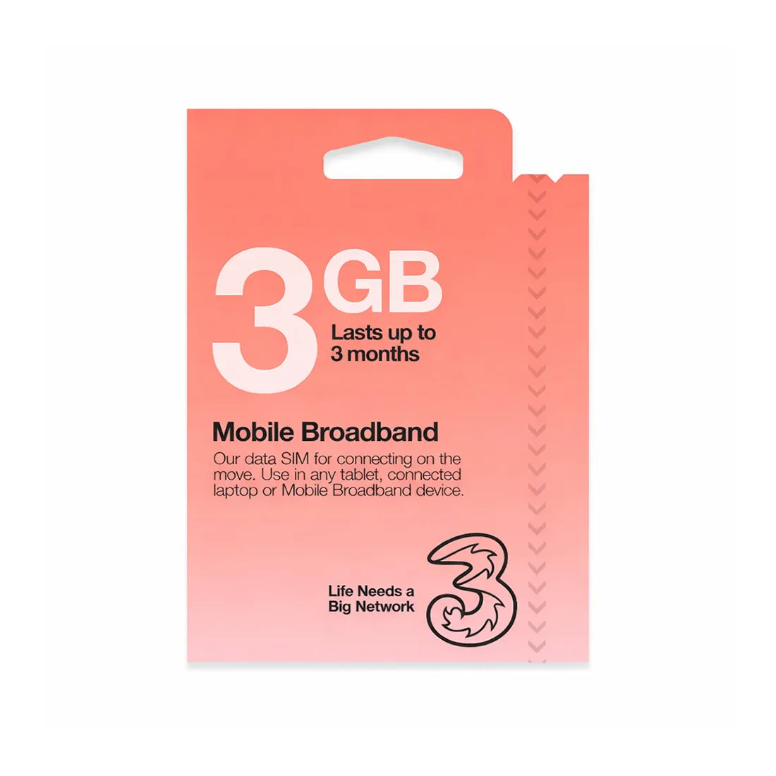 Three Mobile Broadband SIM Card with 3GB data Pay As You Go retail pack