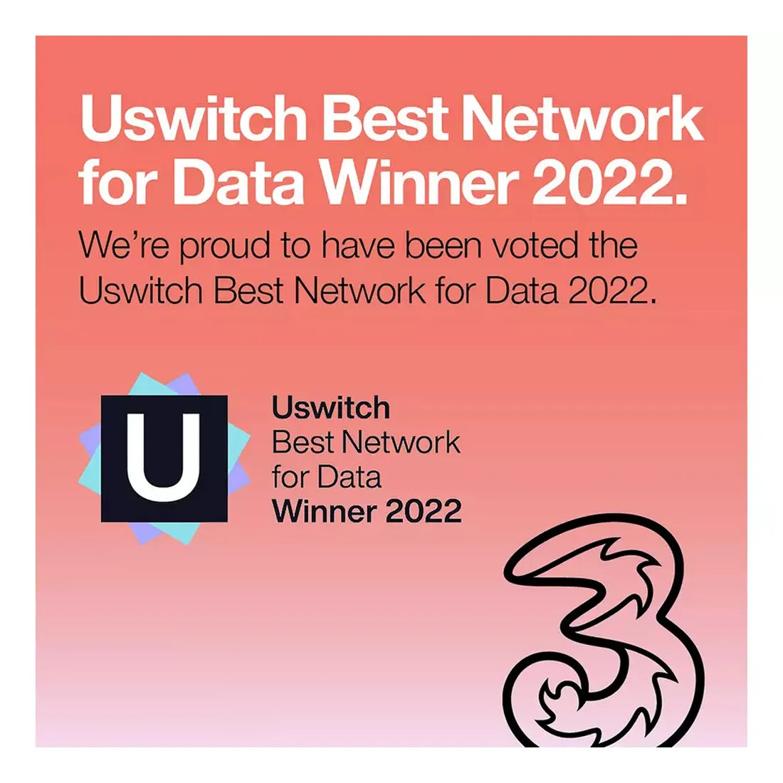 Three network Best Network for Data award graphic showing industry recognition