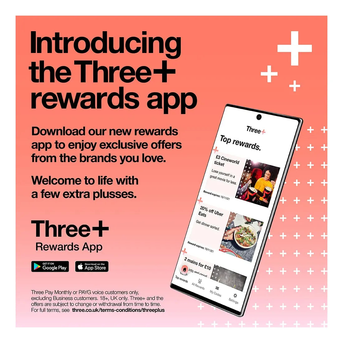 Promotional graphic for the Three Plus rewards app showing exclusive offers