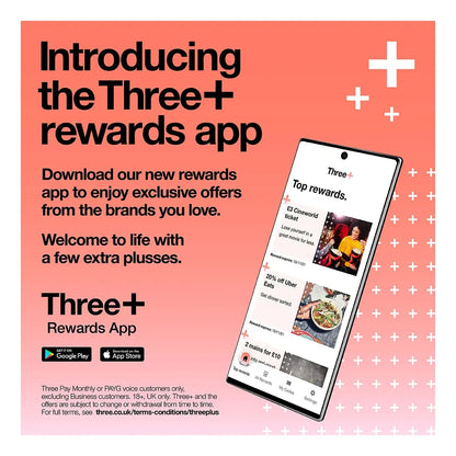 Three+ rewards app promotion showing exclusive offers and mobile app features