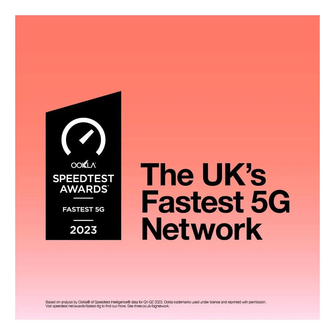 Three UK fastest 5G network award graphic highlighting network performance