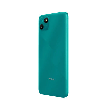 Angled rear view of Wiko T10 4G smartphone in green finish