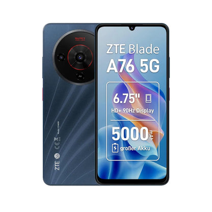 ZTE Blade A76 4G smartphone front and rear view showing large display and camera module