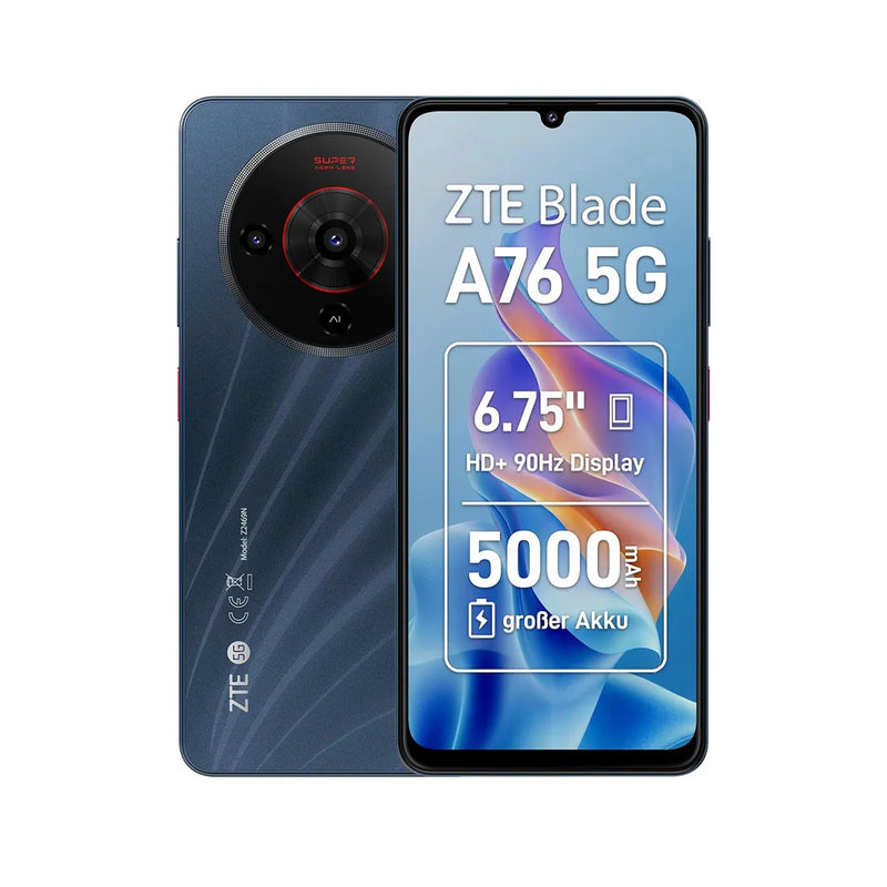 ZTE Blade A76 4G smartphone front and rear view showing large display and camera module