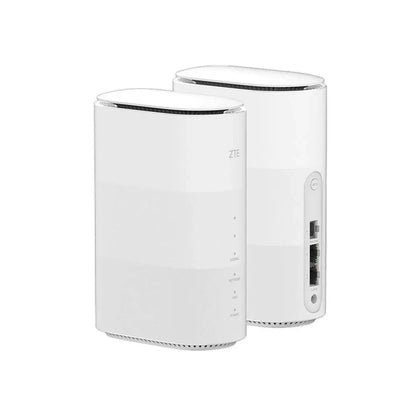 ZTE G5B 5G WiFi 6 whole home router shown as two units front view on white background