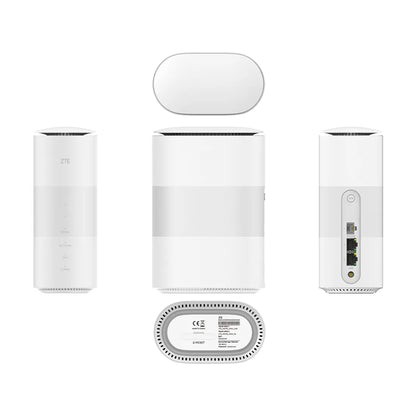 ZTE G5B 5G WiFi 6 whole home router product set showing multiple angles and included accessories