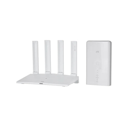 Angled view of ZTE MC889 router with T300 5G outdoor antenna bundle