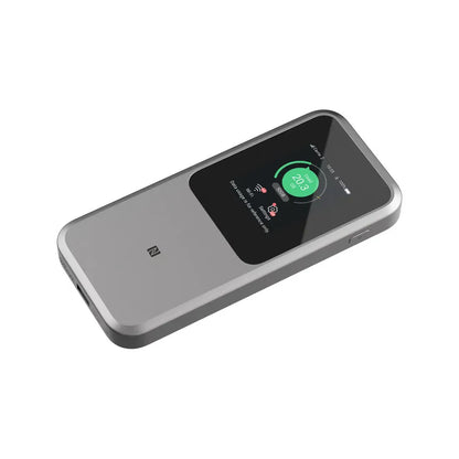 Angled view of the ZTE MU5120 5G portable WiFi hotspot showing touchscreen display