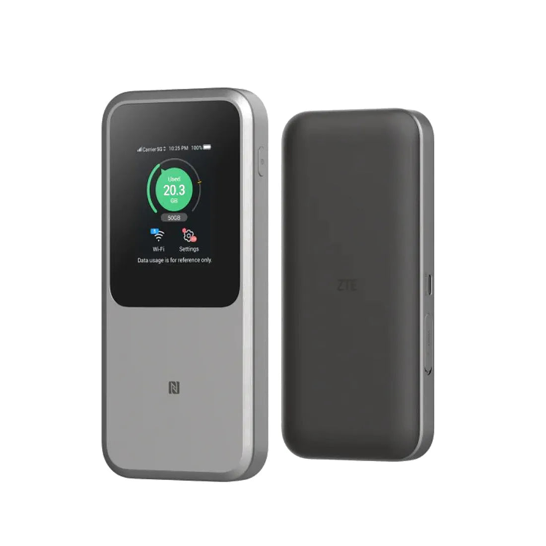Front and rear view of the ZTE MU5120 5G portable WiFi hotspot standing upright
