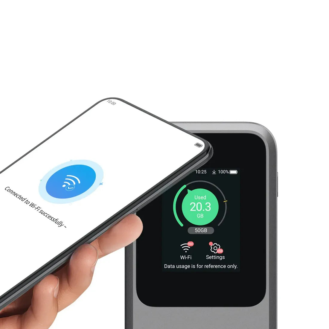 Angled view of the ZTE MU5120 5G portable WiFi hotspot showing touchscreen display