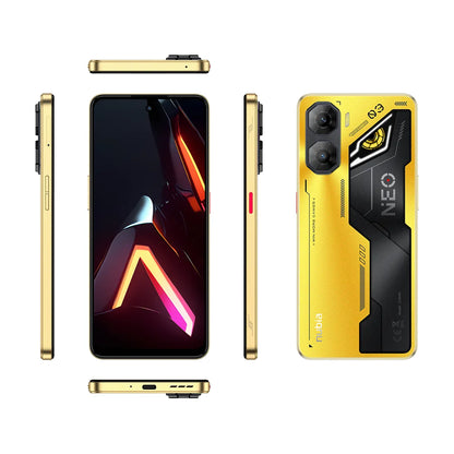 ZTE Nubia Neo 3 multi angle view showing front back and side profile in yellow finish