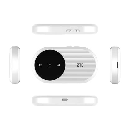 ZTE U10 4G portable WiFi hotspot product layout showing top, bottom and side views with control buttons