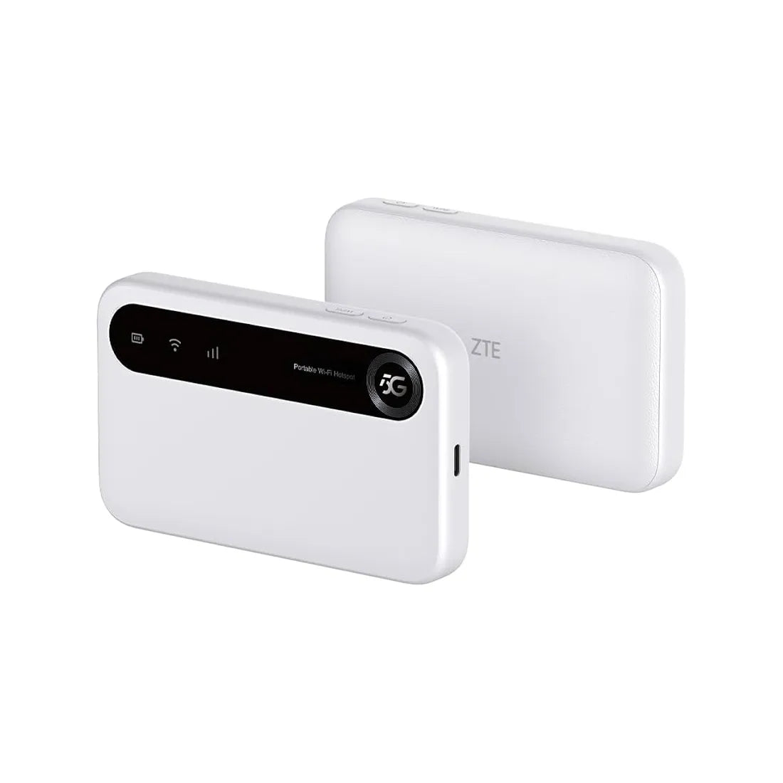 ZTE U50 4G mobile WiFi hotspot shown front and rear views highlighting compact portable design
