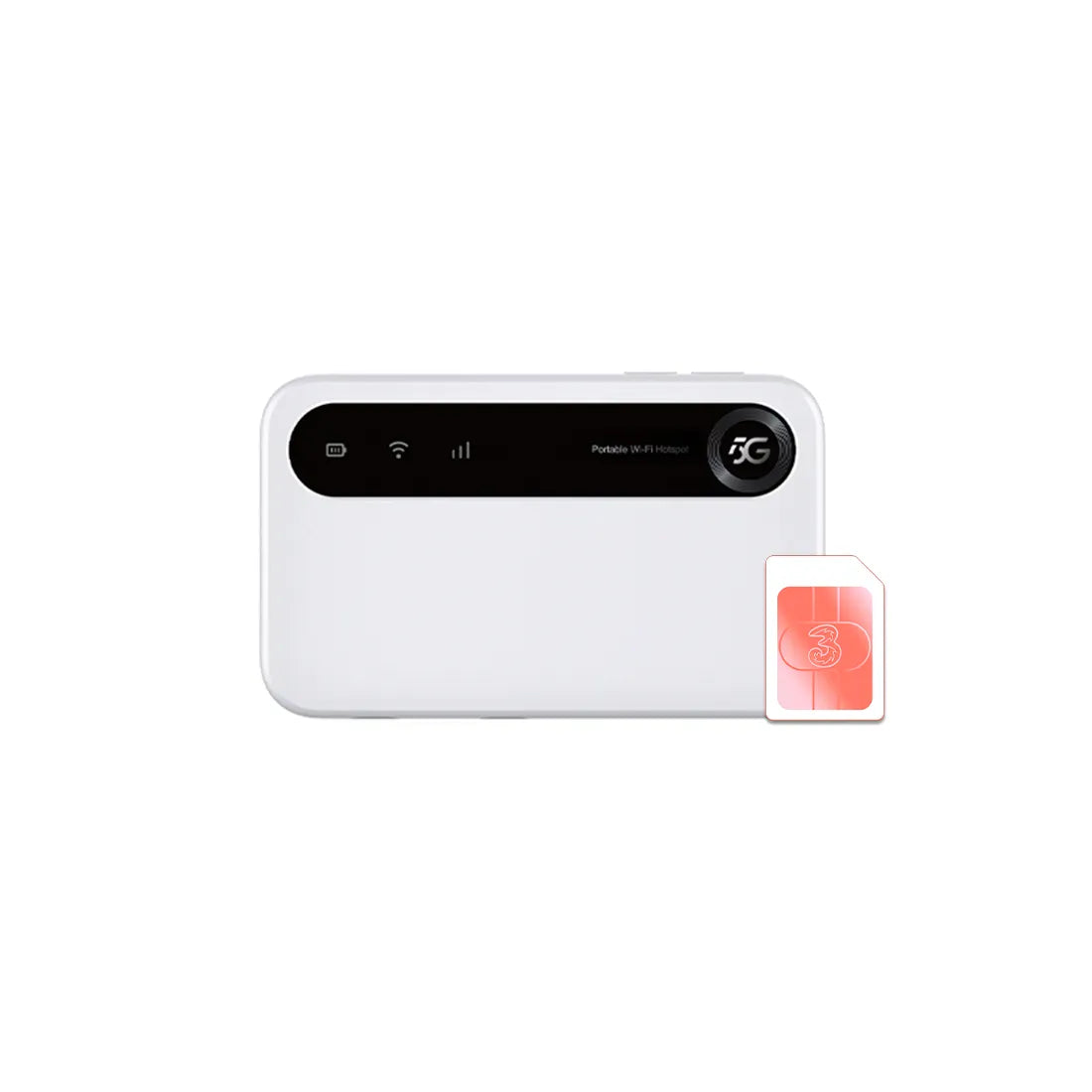 ZTE U50 4G mobile WiFi hotspot front view with Three preloaded data SIM on white background