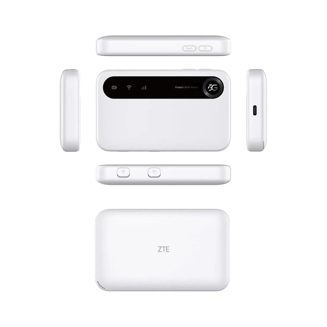 ZTE U50 4G mobile WiFi hotspot product set showing multiple viewing angles and dimensions