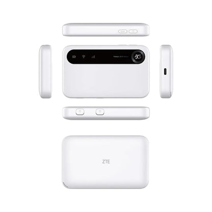 ZTE U50 4G mobile WiFi hotspot product set showing multiple viewing angles and dimensions